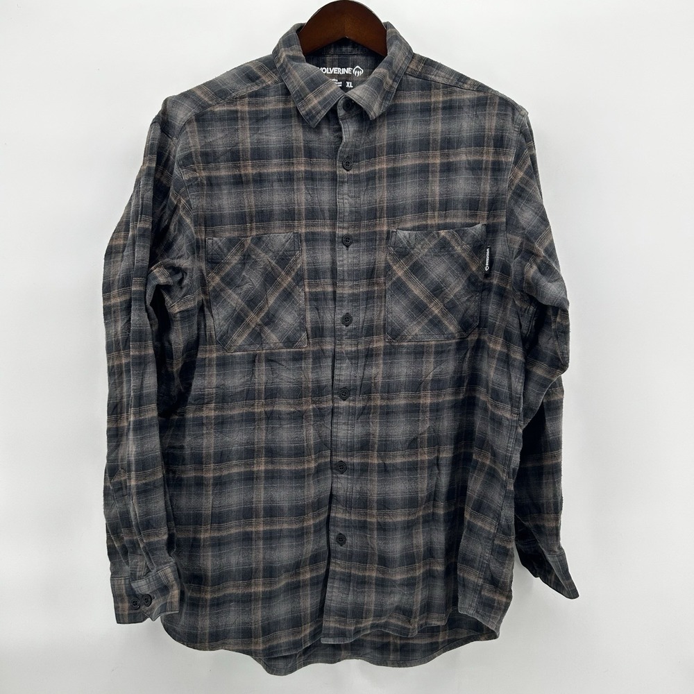 Wolverine Mens XL Stretch Plaid Flannel Shirt Brown Black 2 Pocket Workwear